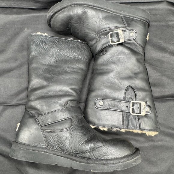 Vintage UGG Kensington Black Biker Boots F3010F Size 8 - Picture 1 of 9